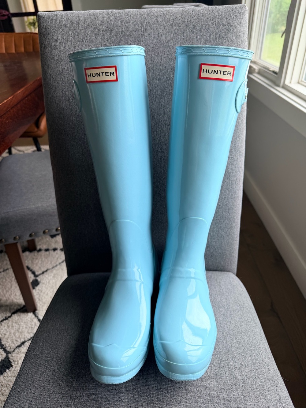 Hunter Tall Glossy Light Blue Rain Boots Wellies INCLUDES FLEECE LINERS